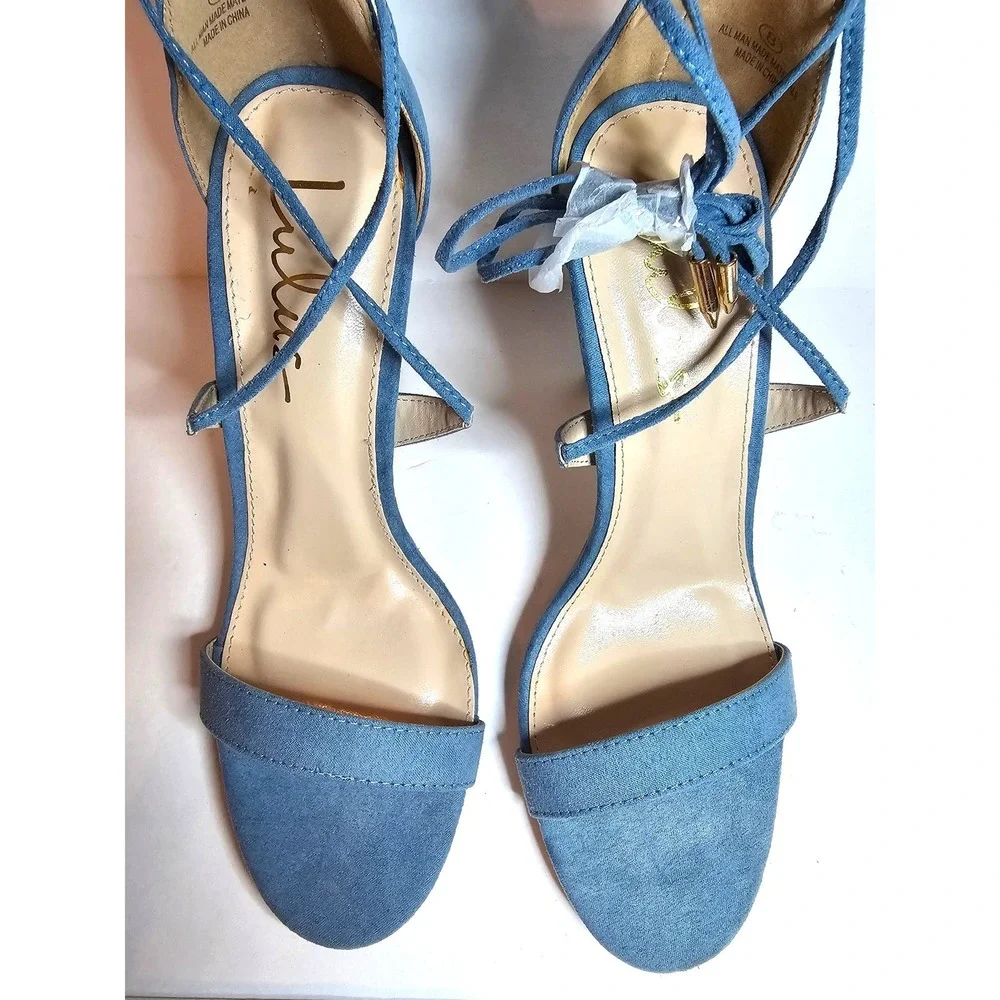 NEW Lulus Blue Faux Suede Lace Up Stiletto Heels Ankle‎ Tie Sandals Womens 8